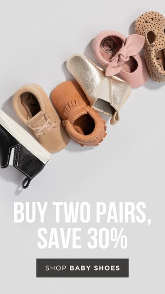 This ad for baby shoes features a variety of styles, with a clear callout to purchase two pairs to save 30%.