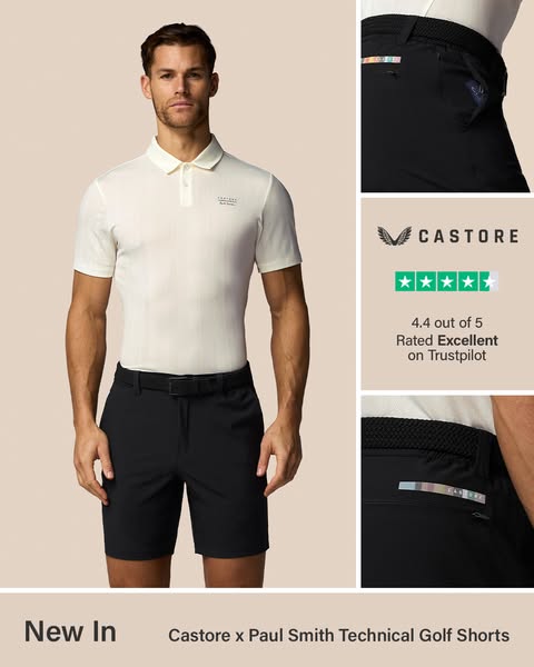 This ad promotes the Castore x Paul Smith Technical Golf Shorts. It features a full-body shot of a model wearing the sho