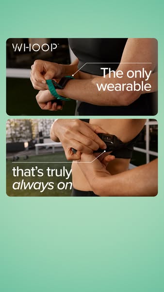 This ad for the WHOOP fitness tracker highlights the product's always-on wearability with two close-up shots of a pe