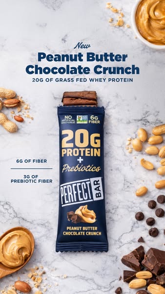 This image ad showcases a Perfect Bar Peanut Butter Chocolate Crunch protein bar against a textured white background wit