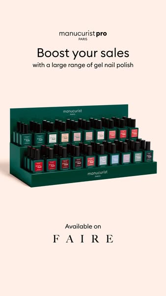 This ad promotes Manucurist Pro nail polishes, highlighting their availability on the Faire platform and aiming to boost