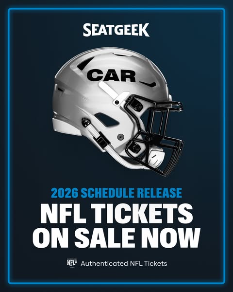 This ad for SeatGeek promotes 2026 NFL tickets now on sale. The ad features a football helmet with the letters "CAR