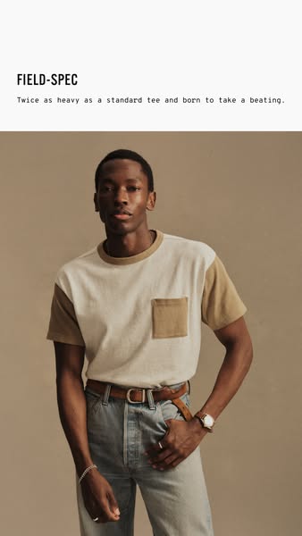 This ad showcases a brand of heavier t-shirts called FIELD-SPEC and implies its quality and durability.