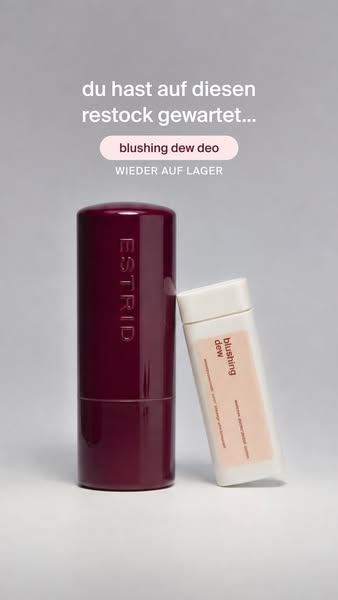 An image showcasing Estrid's blushing dew deo, indicating it's back in stock, with a focus on attracting custome