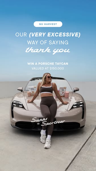 This image ad promotes Nu Harvest, highlighting a giveaway where one lucky winner will receive a Porsche Taycan valued a