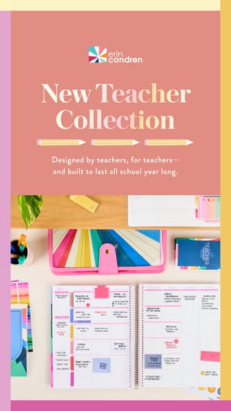 This is a static image ad promoting the New Teacher Collection from Erin Condren. The ad features the Erin Condren brand
