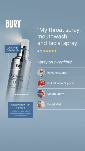 The ad promotes Buoy's Rainforest Defense Mist as a versatile product that can be used as a throat spray, mouthwash,