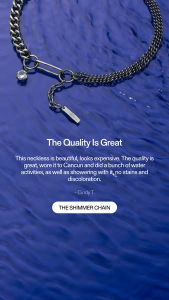 This ad features a silver necklace on a rippled blue background and includes a testimonial from a user.