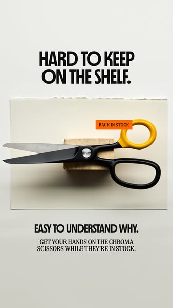 This image ad highlights the Chroma scissors, emphasizing their popularity and recent return to stock, urging customers 