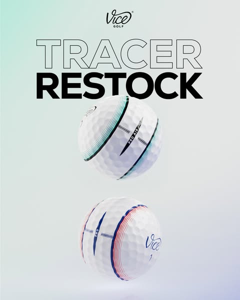 This image ad promotes Vice Golf's Tracer golf balls, which are now back in stock.