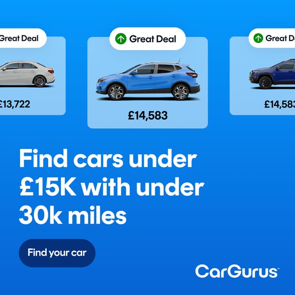 This ad promotes CarGurus and encourages users to find cars under £15K with under 30k miles.