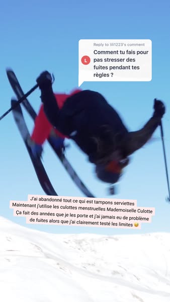 A person is doing a backflip on skis in front of a snowy mountain with a blue sky. A testimonial appears above the video