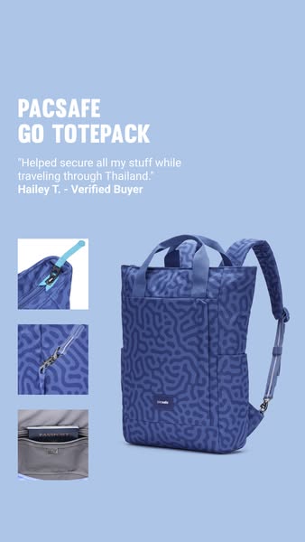 This ad showcases the Pacsafe GO Totepack, emphasizing its security features and versatility for travel. The visual elem