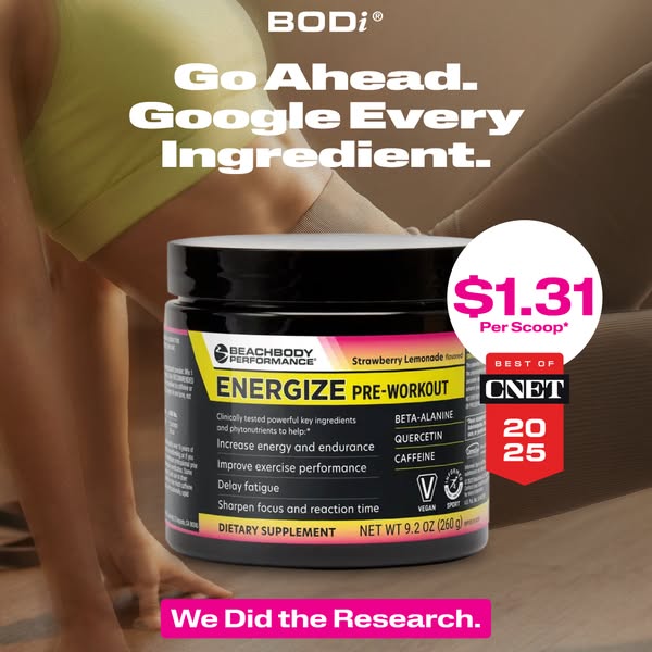 This ad is for Beachbody Performance Energize Pre-Workout. The ad encourages viewers to research the ingredients, as the