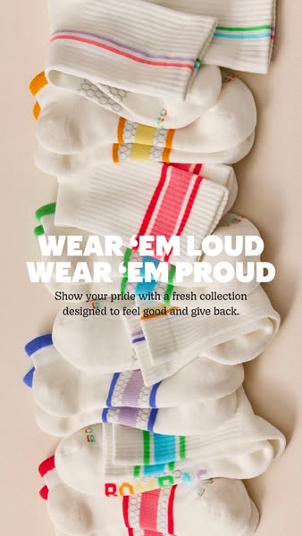 This ad features a stack of socks in different colors and patterns, along with messaging about wearing them loud and pro