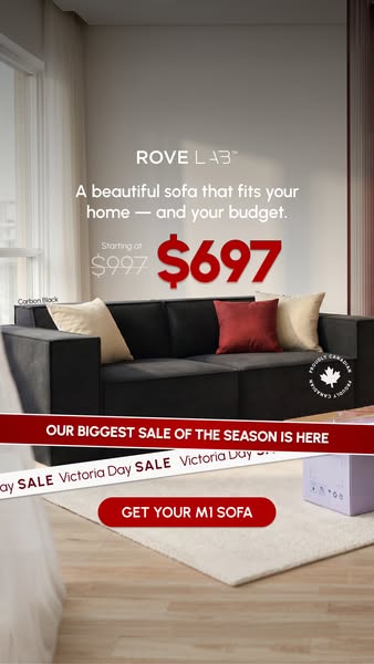 A promotional ad for Rove Lab M1 sofa that highlights a limited time offer, advertising the sofa as a beautiful and affo