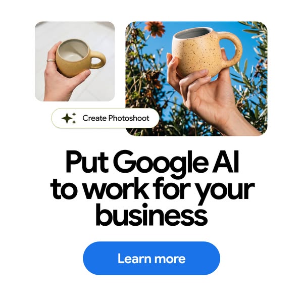 This ad promotes Google AI, highlighting its ability to create photoshoots for businesses. It uses a demo format to show
