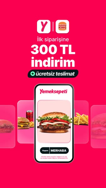 Burger King ad with a food delivery app showcasing a discount on the first order and free delivery. The ad uses a bright