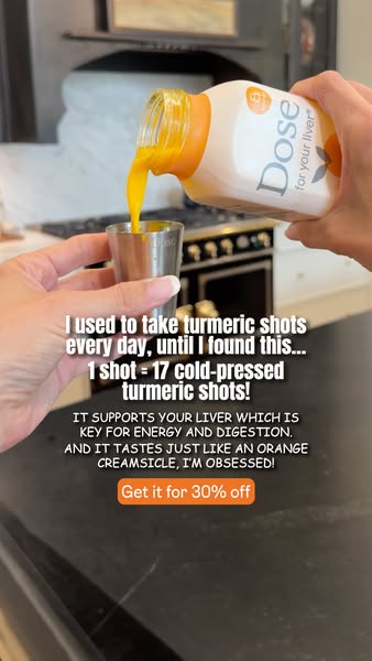 This ad features a woman pouring a turmeric liver shot into a metal cup. The ad copy features a direct comparison to reg