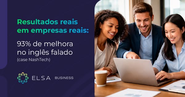 This ad for ELSA Business shows three business people looking at a laptop while using the ELSA Business software to help