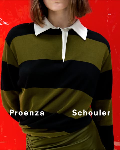 This ad for Proenza Schouler features a model wearing a striped shirt and skirt with the brand name overlaid on the imag