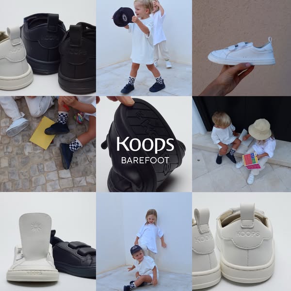 This image ad features a grid layout showcasing Koops barefoot shoes worn by children during various activities, highlig