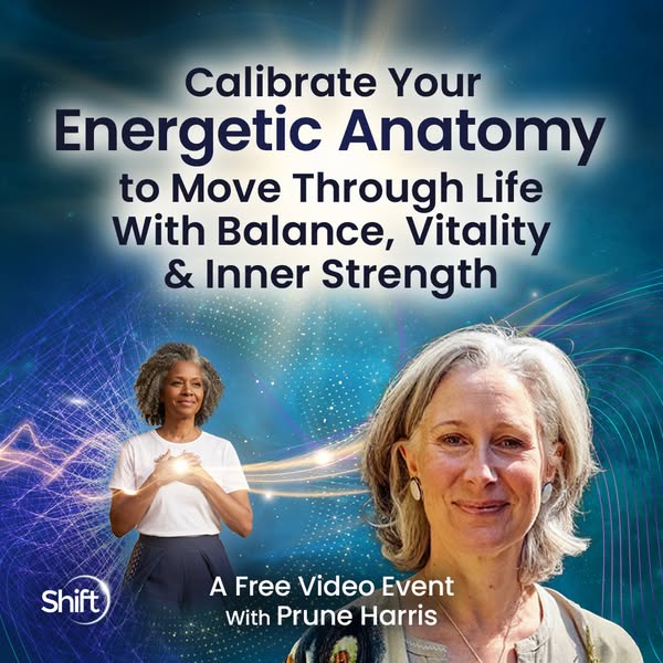 The ad is for a free video event with Prune Harris, promising to help viewers calibrate their energetic anatomy for bala