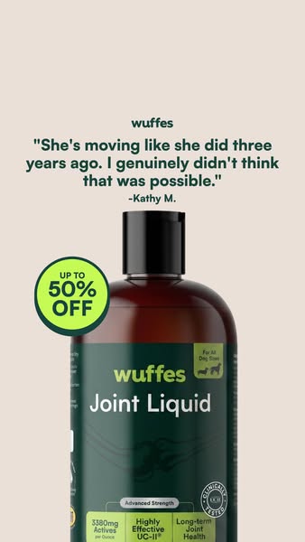 The ad features a testimonial from Kathy M. regarding Wuffes Joint Liquid. The testimonial highlights the product's