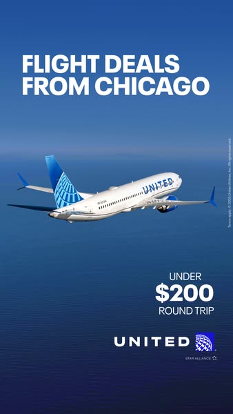 This image ad promotes flight deals from Chicago on United Airlines for under $200 round trip.