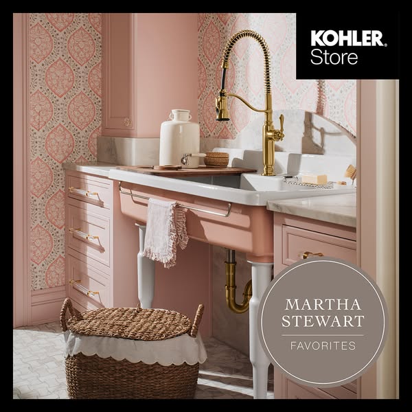 The image ad highlights a Kohler sink and faucet, emphasizing their aesthetic appeal within a stylish bathroom setting.