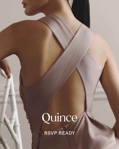 This image ad showcases a Quince dress, emphasizing its readiness for formal events.