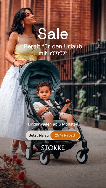 This ad for Stokke features a woman pushing a stroller with a child in it along a brick street in a city. The ad is adve