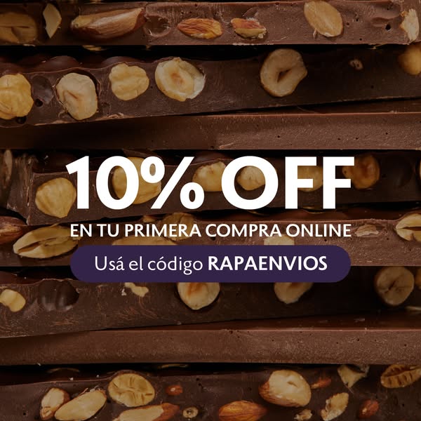 An ad showcasing a stack of chocolate bars that features a discount offer of 10% off the first online purchase using the