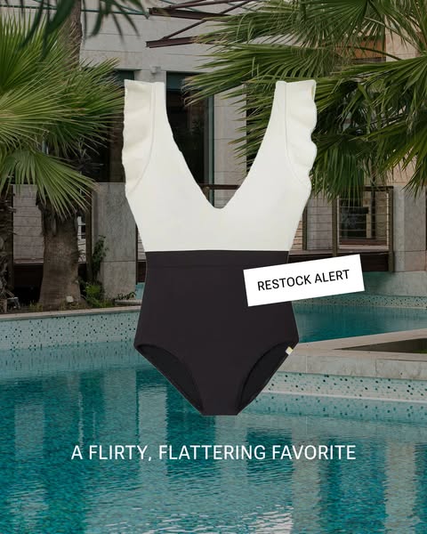 This image ad showcases a two-tone, high-waisted one-piece swimsuit. The ad aims to communicate that this popular produc