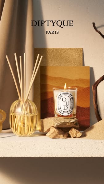 The ad showcases the Diptyque brand and its Oud product line. The ad features a candle and a diffuser, displayed in a wa