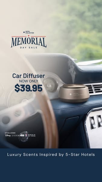 This image ad promotes Hotel Collection's car diffuser for a limited time Memorial Day sale. The ad showcases the di