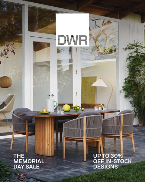 This image ad showcases the brand Design Within Reach (DWR) through an outdoor dining set in a patio setting. The ad pro