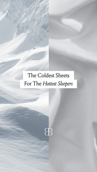 This ad promotes bed sheets designed for hot sleepers using a split screen of a snowy mountain and a bed sheet, with the