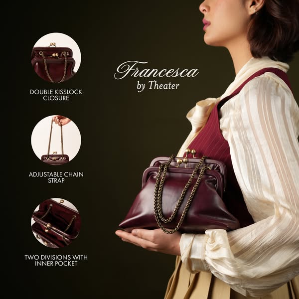 This ad features a woman holding a vintage-style Francesca by Theater leather bag. The ad showcases the bag's featur
