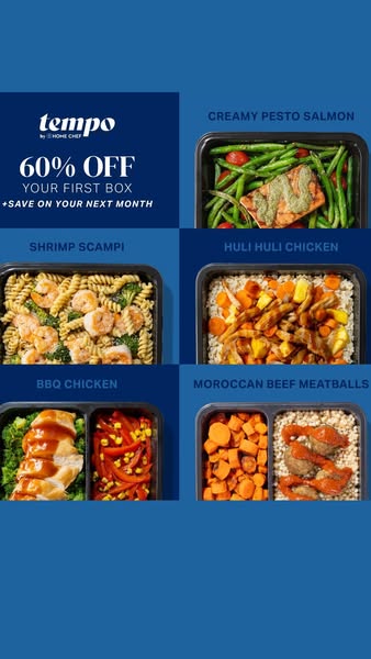This ad showcases a meal delivery service called Tempo by Home Chef. It uses a grid layout to display six different meal
