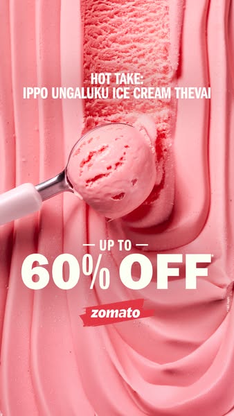 This ad promotes an offer of up to 60% off ice cream when ordering through the Zomato app. The image shows scoops of pin