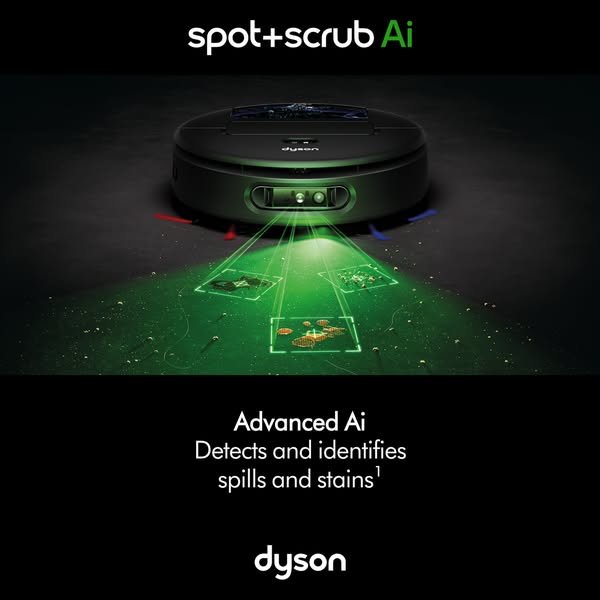 The ad promotes Dyson's spot+scrub Ai vacuum. It highlights the vacuum's advanced artificial intelligence that a