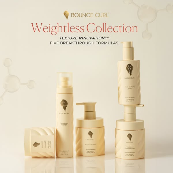 This image ad showcases the Bounce Curl Weightless Collection, emphasizing its innovative texture formulas for lightweig