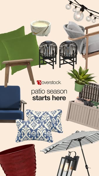 This ad for Overstock features a collection of outdoor furniture and decor, inviting customers to prepare for patio seas