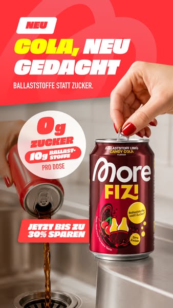 Image ad promoting a low sugar soda, by showing a regular soda being poured out into a sink.
