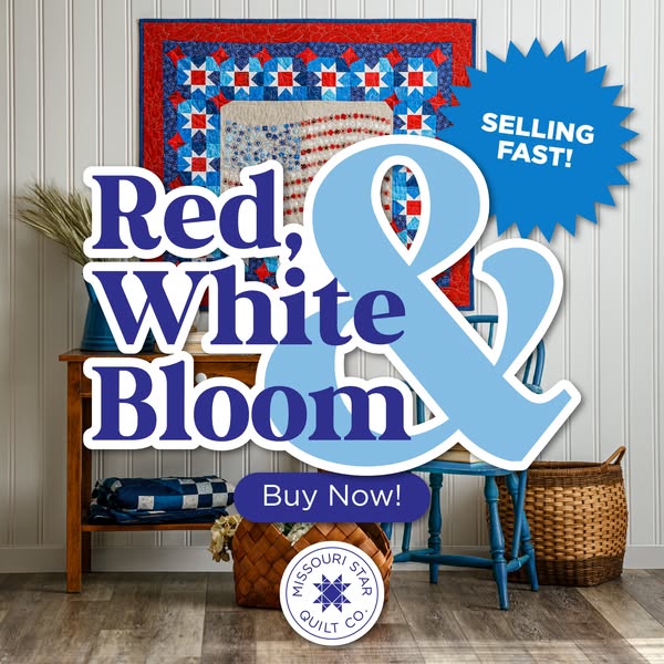 This static image ad for Missouri Star Quilt Co. features a finished red, white, and blue quilt with coordinating home d