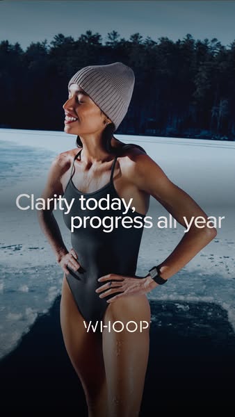 This image ad for WHOOP features a woman in a swimsuit standing on a snowy surface, with the text overlay "Clarity 