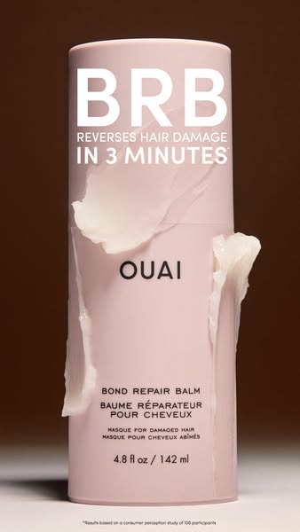 This ad features Ouai's Bond Repair Balm. The image features the product packaging with messaging that it will rever