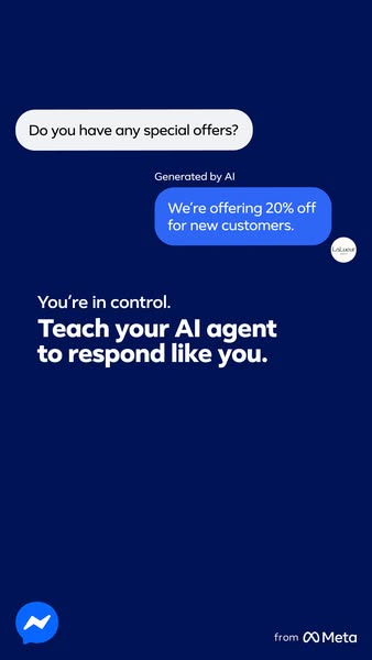 This Meta ad showcases how AI agents can be used to respond like you and includes an offer of 20% off for new customers.