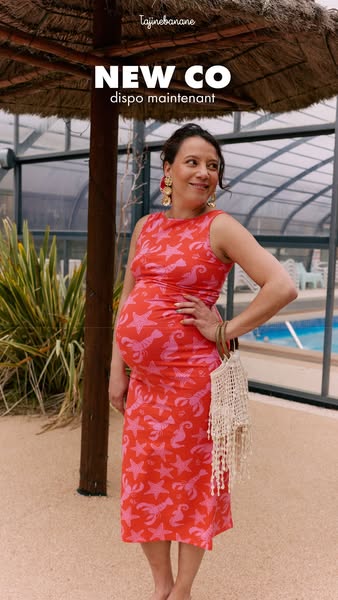 This ad features a pregnant woman wearing a dress from Tajinebanane's new collection. She is standing outside near a